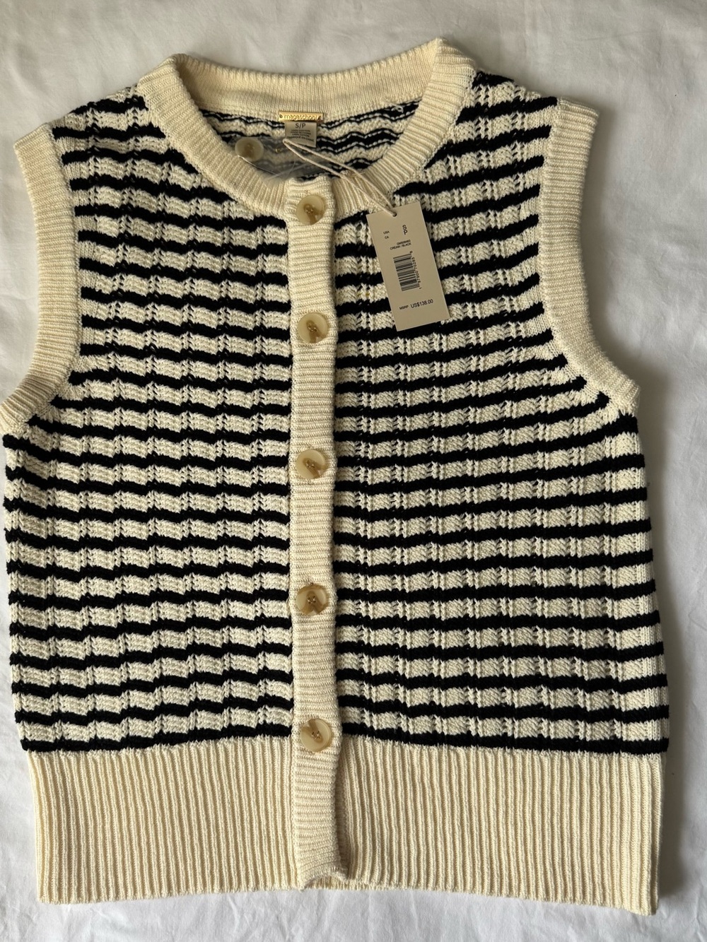 NWT Magaschoni Small Black White Striped Cotton Knit Button Sweater Vest